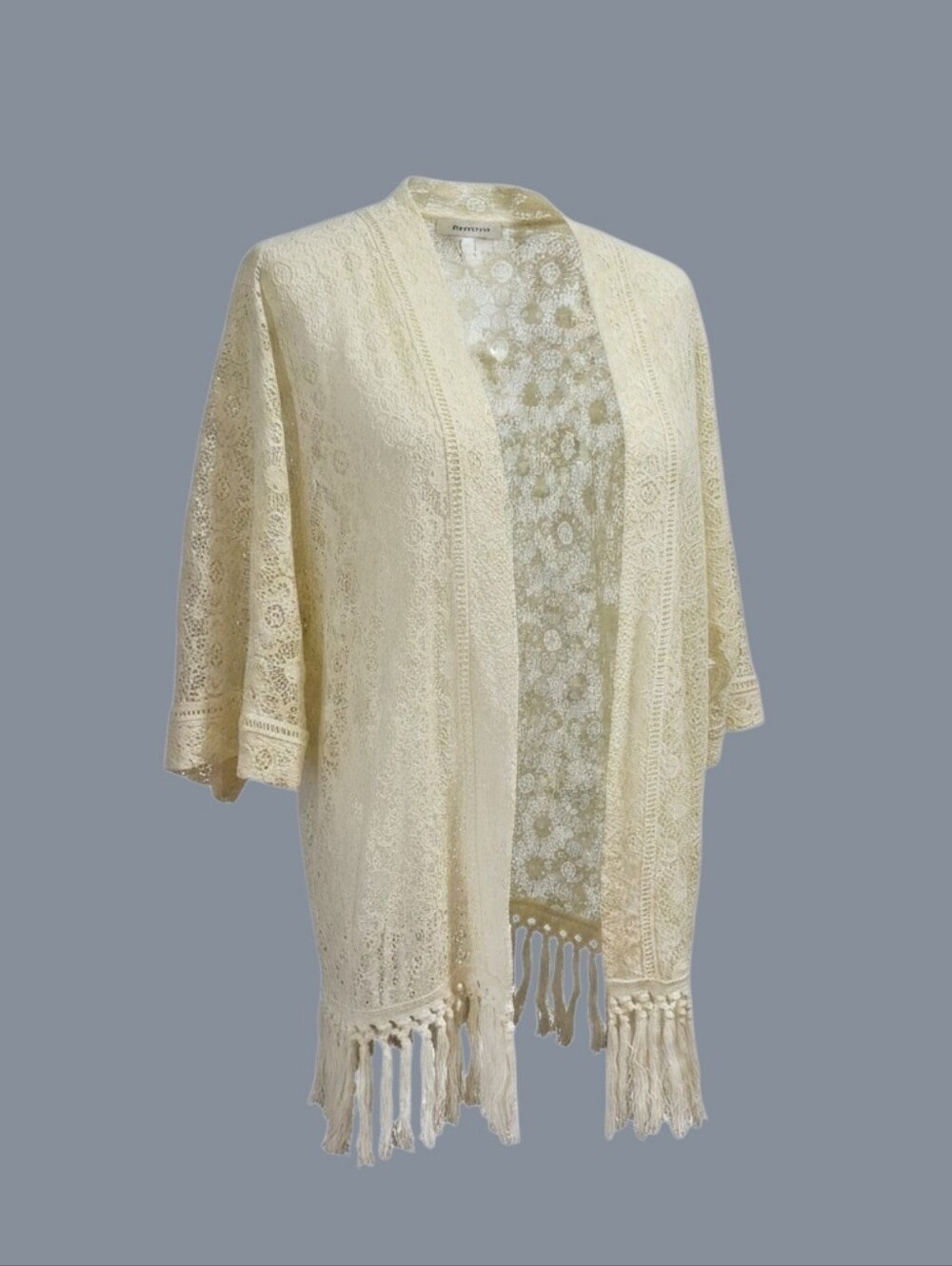 Ruff Hewn Kimono Cover Up Size P/L Cream Floral Lace Fringe Bohemian Festival